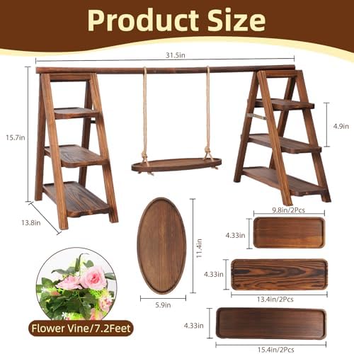 Wooden Cupcake Stand, 3 Tier Dessert Display Serving Tray with Swing and Flower Decoration, Foldable Tiered Ladders Stand for Party, Birthday, Wedding, Baby Shower, Table Food Display for Fruit Bread