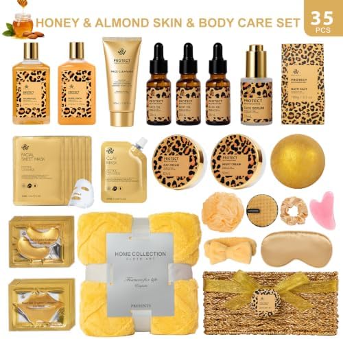 Birthday Gifts for Women, 35Pcs Honey Almond Spa Gift Basket, Get Well Soon