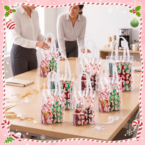 Pajean 25 Pcs Christmas Plastic Gift Bags with Handles, Candy Cane Pouches