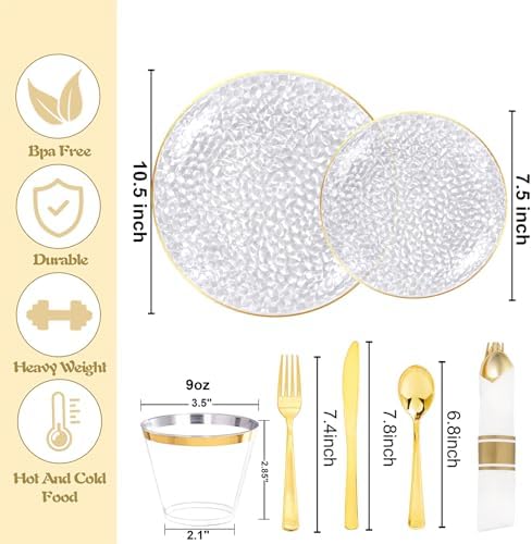 Rubtlamp 700Pcs Gold Plastic Dinnerware Set, Hammered Clear Gold Plates, Fancy Plastic Plates Include 100 Dinner Platos,100 Salad Platos,100 Cups,100 Pack Pre Rolled gold plastic Silverware