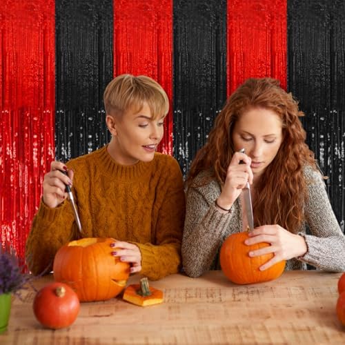 2 Pack Black and Red Backdrop Party Decorations Tinsel Curtain Halloween Party Streamer Foil Fringe Birthday Decorations Photo Booth Fancy Ball Christmas New Year Graduation Party Decor Decor