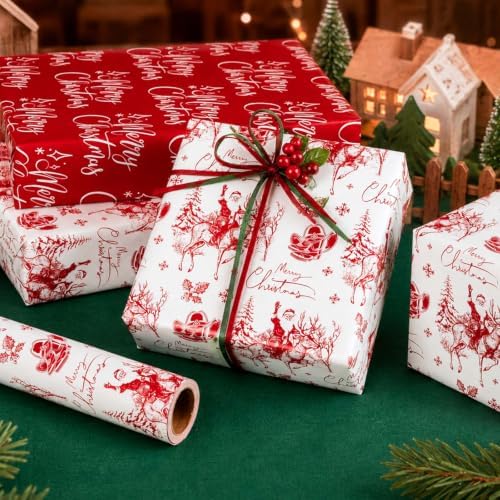 Yarcony Western Christmas Wrapping Paper Roll, Cowboy Christmas Gift Wrap