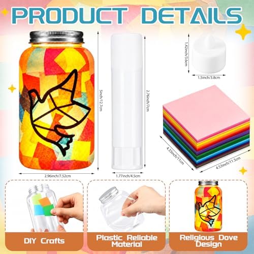 Qinyoung 12 Pcs Religion Dove Crafts Mason Jars Tissue Paper Crafts with LED Candle Light DIY Suncatchers Decoration Make Your Own VBS Mason Jars Supplies for Sunday School Projects Activity