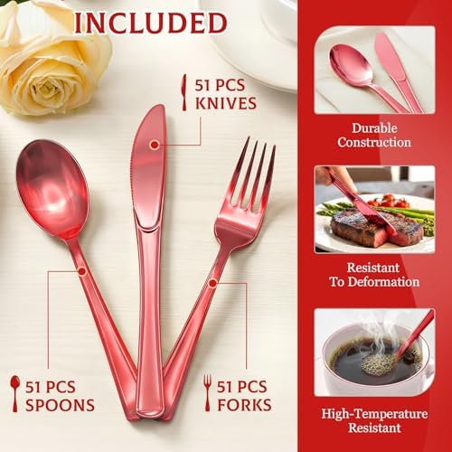 Glowserve 153 Pack Red Disposable Plastic Silverware Set Cutlery Set