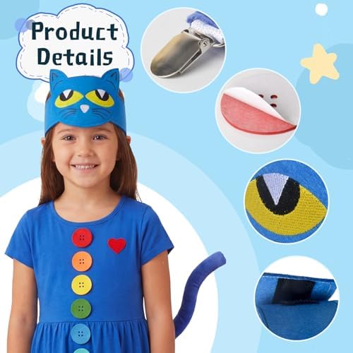 Blue Cat Costume Set with Cat Headband and Tail, Heart Button Stickers Accessories for Read Book Day Dress Up Halloween Party Cosplay