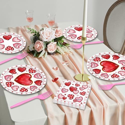 96 Pieces Valentine’s Day Tableware Set – Pink Red White Disposable Plates, Napkins, and Forks with Heart Designs for Valentine’s Parties, Weddings, and Romantic Celebrations – Serves 24 Guests