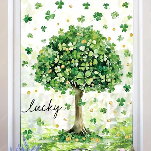 Whaline 6 Sheets St. Patrick' s Day Window Clings Large Lucky Clover Green Shamrock Tree Window Decal Reusable Anti-Collision Windows Decor for Irish Holiday Party Supplies