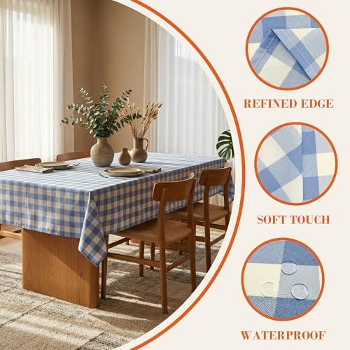 Waterproof Gingham Tablecloth, Checkered Fabric Table Cover for Kitchen Dining, Blue & White Plaid Table Cloth, Rectangle Table Cloth for Indoor Outdoor Use, W60 x L144 in