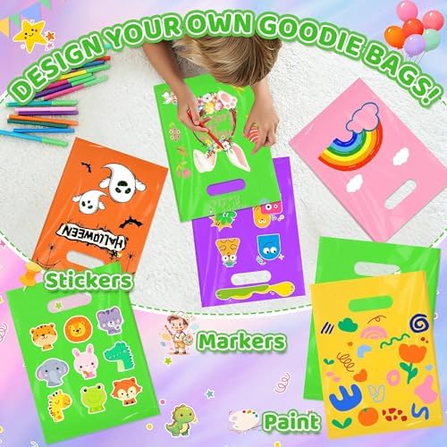 VieFantaisie 50 PCS Green Party Favor Bags, 8" x 11" Goodie Bags for Candy Treat Craft Easter Egg, Plastic Gift Bag with Die Cut Handles for Birthday Party, School Events & Small Business, Wedding