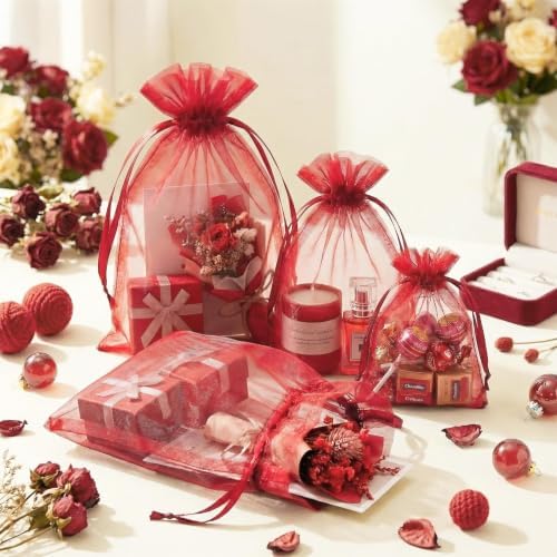 FUNFERY 100PCS Red Organza Gift Bags 5x7in,Drawstring Pouch for Jewelry