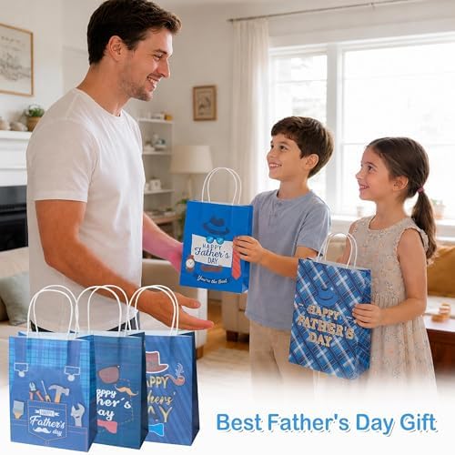 24 Pcs Fathers Day Gift Bags with Handles, 3 Unique Exquisite Designs, Bulk Decorative Daddy Gift Bags for Father's Day Party Favors Gift Wrapping Candy Packaging Holiday Celebration Supplies