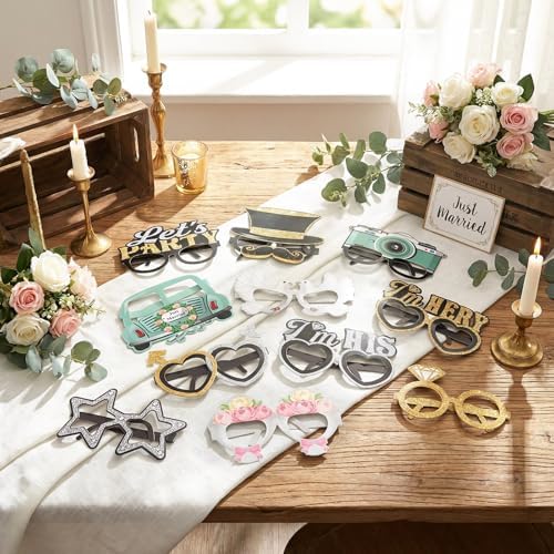 32 Pcs Wedding Photo Booth Props Paper Glasses - Bridal Shower Decorations, Engagement Party Favors, Bachelorette Accessories, Just Married Eyeglasses for Bride Reception Celebration Supplies