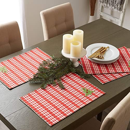 DII Jolly Christmas Tree Collection Holiday Table & Kitchen Décor, Reversible Placemat Set, 13x19, Christmas Red, 4 Piece