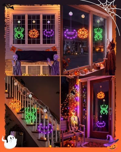 Minetom 3 Pack Halloween Windows Lights - Pumpkin, Spider, Bat with Timer