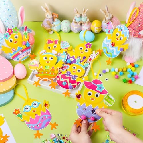 Funrous 48 Sets Crafts Kit Paper Crafts DIY Make Your Own Hanging Ornaments with Pompoms Diamond Stickers for Holiday Classroom Activities Party Favors, Easter Chick
