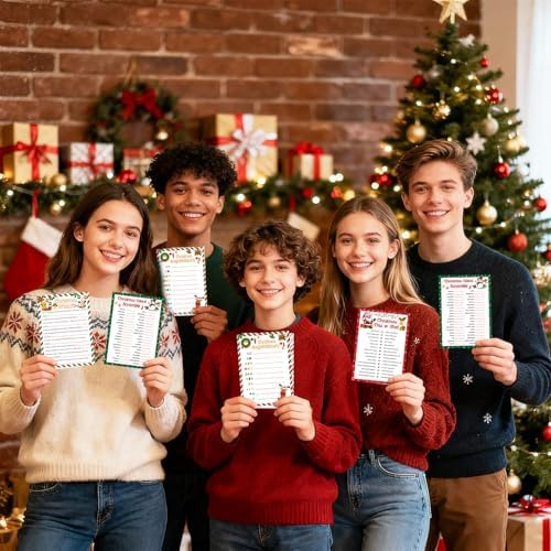 54 Pcs Christmas Party Games Card Set Merry Christmas Trivia Party Game Xmas Holiday Word Scramble Pictionary This or That Paper Cards for Family Adults Large Group Activities Supplies with Answer Key
