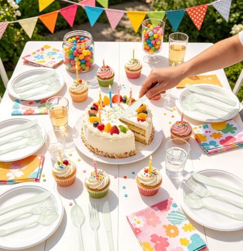 HEIPINIUYE 75 Pack Cream Plastic Cutlery Heavy Duty Cream Plastic Knives Forks and Spoons Disposable Silverware Set for 25 Guest Camping Birthday Baby Shower Wedding Party Utensils Set