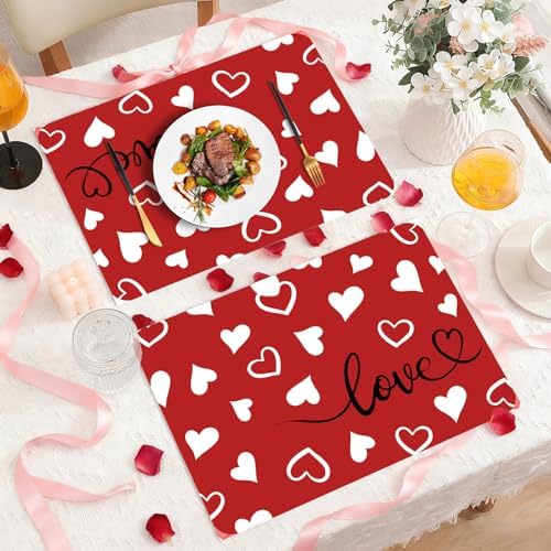 6 Set Valentine's Day Placemats, 11x16 Inch Red White Heart Love Plastic Placemats Valentine's Day Spring Holiday Table Mats for Wedding Party Festival Decor
