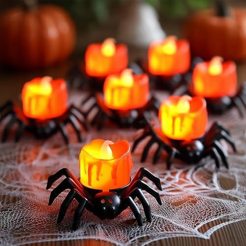 Dazzle Bright 12 Pack Halloween Spider Tea Lights Candles, Battery Operated LED Flameless Spider Candles Holder Lights, Spooky Halloween Decorations for Party Table Home Decor