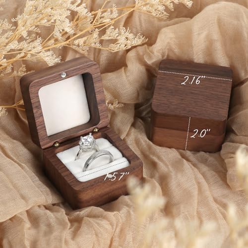 Wooden Ring Box, Engagement Ring Box with 2 Slots, Square Wedding Ring Holder Box, Small Ring Holder Box for Wedding, Proposal, Ceremony(White Inner without window)
