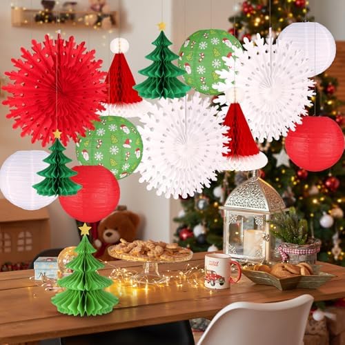 UNIQOOO 14PCS Assorted 3D Christmas Honeycomb Paper Lantern Decoration Garland Set,Celling Hanging Tissue Pine Tree Star, Santa Hat,Snowflake Fan,Japanese Lanterns for Holiday XMAS Party Banner Supply