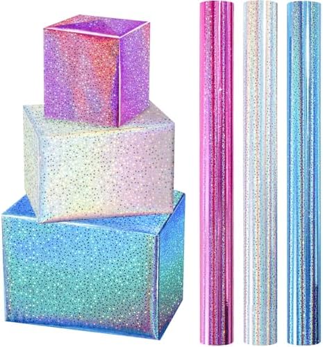 RAPAHOLIC Metallic Holographic Wrapping Paper - 3 Mini Rolls - 17 Inch x 120 Inch Per Roll - Blue White Pink Holographic Star Wrapping Paper for Birthday, Wedding, Baby Shower, Bridal Shower