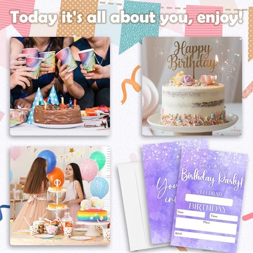 Glitter Birthday Party Invitations – 20Pcs Minimalist Purple Glitter Design, 4" x 6" Fill-In Style Invites Cards with Envelopes – Birthday Party Decorations & Supplies for Boys Girl - A05