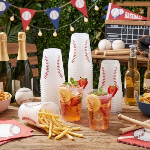 Tioncy 50 Pcs 16oz Baseball Frosted Plastic Cups, Baseball Plastic Cups, Clear PP Frosted Reusable Cup Bulk for Sports Game Party Decorations Hot Coffee Wine Cold Drinks Supplies