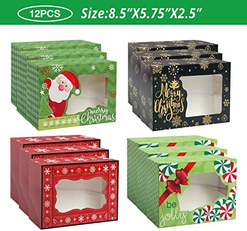 Party Funny 12 Christmas Cookie Boxes -Large Holiday Bakery Food Container for Gift Giving with 80 Count Christmas Foil Gift Stickers