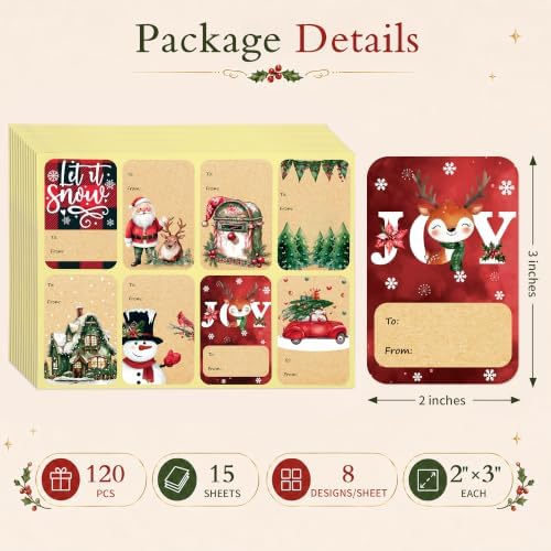 120 PCS 8 Designs Self Adhesive Christmas Gift Tag Stickers
