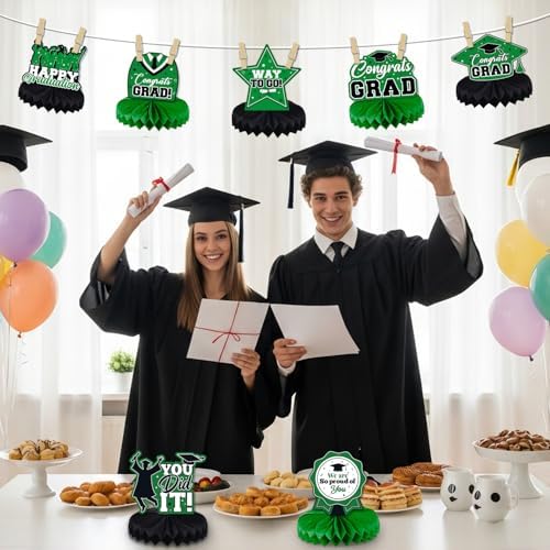 Graduation Decorations Class of 2026, Centerpieces for Tables, Congrats Grad Honeycomb Table Toppers, Graduation Party Supplies, Green
