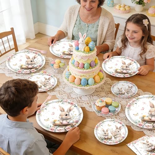 96 Pieces Easter Bunny Eggs Paper Plates and Napkins, Spring Floral Rabbit Disposable Tableware with Plates Napkins Forks for Spring Easter Party Supplies, Baby Shower Birthday Party Decor - Serves 24