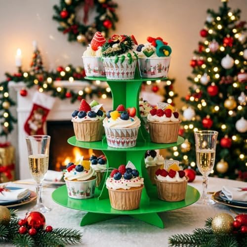 YLDW Cupcake Stand 2Pcs, 3-Tier Cupcake Stand Display, Cardboard Cup Cake Tower Stand, Disposable Dessert Stand for Birthday Tea Party Baby Shower Treat Decorations, Green