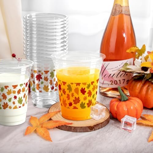 100 Pcs Fall Plastic Cups 12oz Maple Leaf Clear Disposable Plastic Cups for Harvest Autumn Fall Thanksgiving Birthday Party Supplies