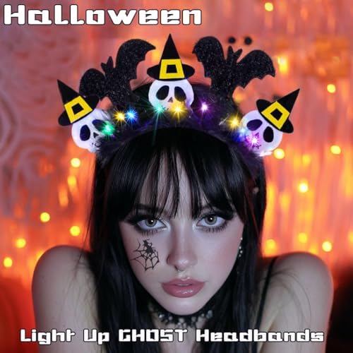 Light Up Halloween Headband Glowing Spooky Ghost Hairbands Led Black Bat Headpieces Halloween Costume Hair Accessories for Women