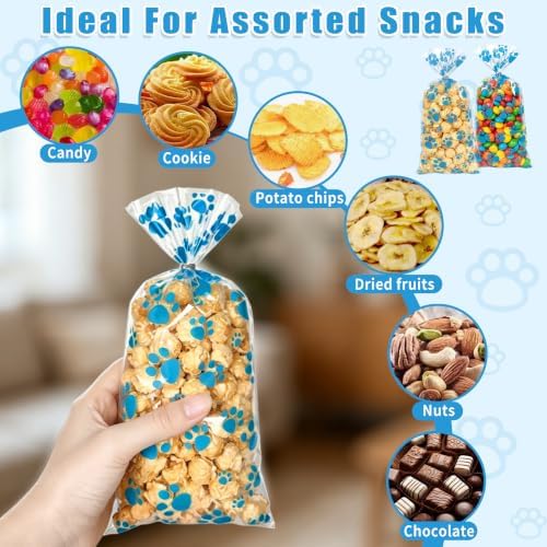 ZYLOP 50 Pcs Blue Dog Treat Bags - 5 x 11 Inch Clear Cellophane Dog Gift Bags with 60 Silver Twist Ties, Paw Print Bags for Pet Treats, Cat Treats, Candy, Cookies & Party Favors