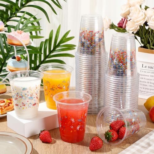 Funnymoom 60 Pack Space Plastic Cups 12 oz Outer Space Galaxy Planet Disposable Clear Plastic Drinking Cups for Planet Solar System Birthday Baby Shower Party Decoration Supplies