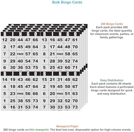 200 Bingo Cards, Large 4.5 x 4.5 Inch, Paper Bingo Sheets