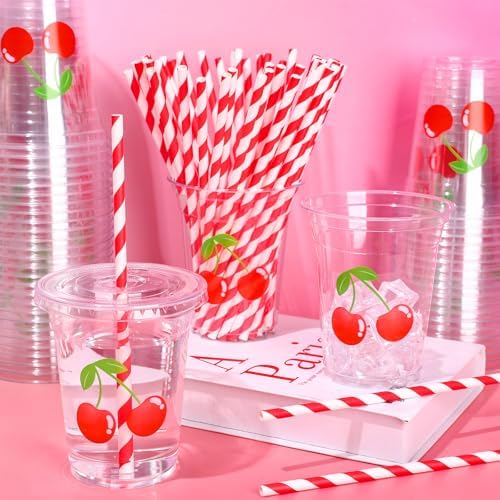 Whaline 50 Pcs 12 Oz Cherry Disposable Plastic Cups with Lids and Straws Cute Red Cherry Cold Beverage Drinking Cups Summer Cherries Party Cup for Bridal Engagement Birthday Baby Shower Party Supplies