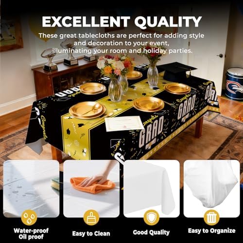 6 Pack Disposable Plastic Tablecloth 54" x 108" Black Class of 2026 Grad Party Table Cloths Disposable for 6 to 8 Foot Tables Graduation Party Indoor or Outdoor (Graduation Black)