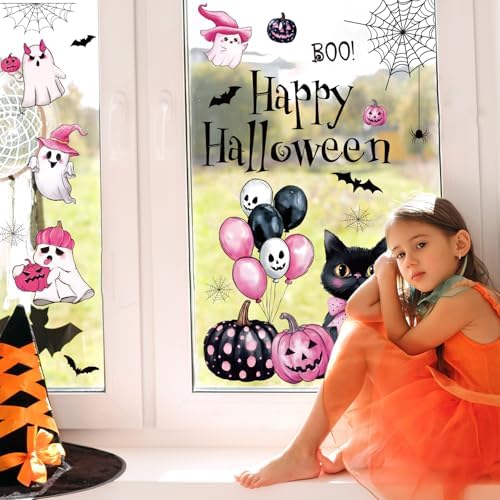 Whaline 6 Sheets Happy Halloween Window Clings Pink-Black Boo Ghost Pumpkin Spider Web Cat Reusable Window Decals for Home Classroom Office Glass Decor Party Supplies