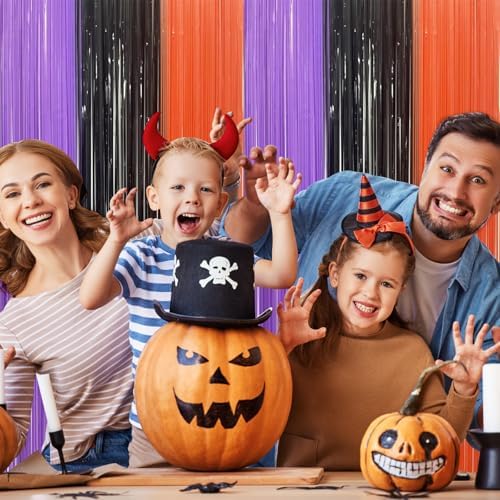 3 Pack Halloween Foil Fringe Curtains - 3.2ft x 6.6ft Black Purple Orange Foil Fringe Curtains Photo Booth Backdrop for Halloween & Birthday Party (Style B)