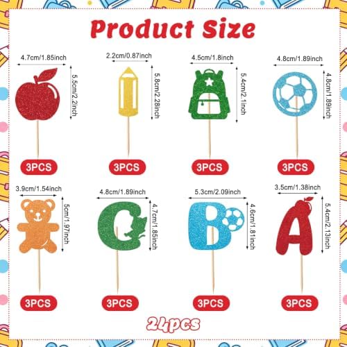24Pcs Back to School Cupcake Toppers, Glitter First Day School Cake Decor