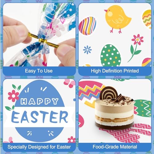 100 Pcs Easter Treat Bags - Happy Easter Gift Bag, Easters Eggs Plastic Cellophane Bag, Clear Colorful Easters Bunny Goodie Candy Favor Bags with Gold Twist Ties for Easte Party Favors Supplies