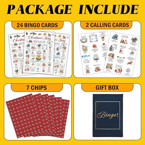 Christmas Bingo Game, Christmas Song Party Game Cards for Adults, 24 Players Winter Holiday Activities for Family Friends, Large Xmax Musical Party Party Supplies Favor Decor, (004)