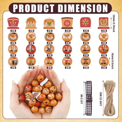 Cinnvoice 240 Pcs Holiday Wood Beads with Twine, Retro