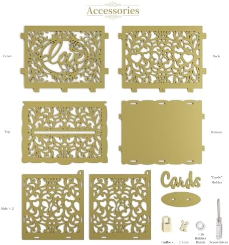 Jolik DIY Wedding Card Box, Large Rustic Locking Money Box Holder for Wedding Reception, Gift Card & Envelope Storage, Anniversary & Birthday Party Decoration (Gold)