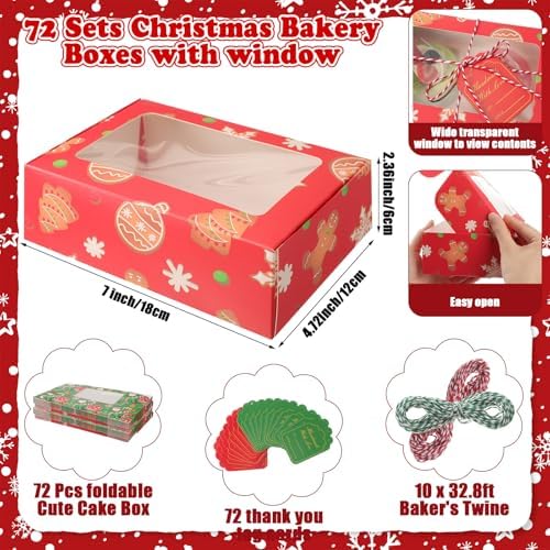 72 Set Christmas Cookie Boxes with Window 7"x4.7"x2.4" Christmas Cookie Tins Bakery Treat Box for Gift Giving Xmas Treat Container with Ribbon and Tag for Winter Xmas Party Supply (Cute)