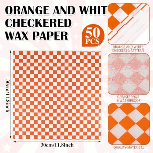 Geosar 100 Pcs Gingham Paper Food Tray with Wax Paper,Orange White