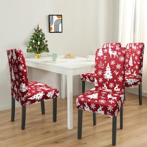 Red Christmas Chair Covers Set of 4,Winter Christmas Tree Snowflake Elk Chair Protectors,Elastic Removable Washable Dining Chair Covers for Winter Christmas Kitchen Dining Room Holiday Decor